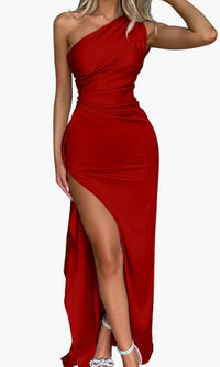 Slim-fit Solid Color One-shoulder Split Satin Dress